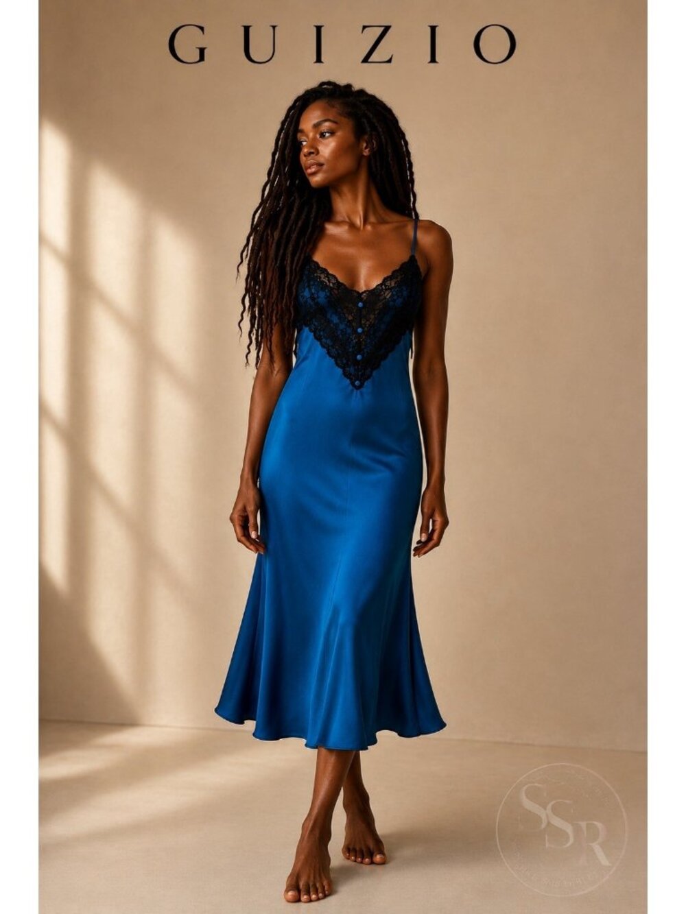 GUIZIO Nova Blue Lace Slip Dress Size S Midi Viscose Satin Cami Dress - Picture 2 of 8